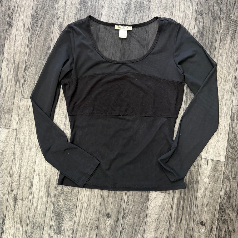 Arden B Black Mesh Long Sleeve Top